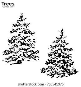 Vector Trees collection. Ink sketched winter Fir with snow silhouettes