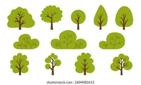 Vector trees collection isolated on a white background. Simple flat design. Elements for a poster, banner or card. Forest landscape. Trees icons set