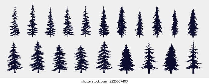 Vector trees collection - Set of detailed and different tree silhouette illustrations on light grey background.