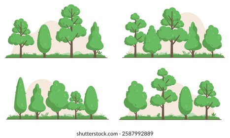 Vector trees and forest background - Simple graphic with flat design style line of various trees and grass in cartoon style illustration