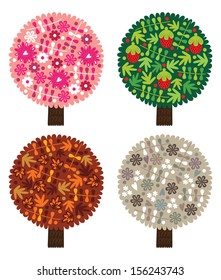 Vector Trees in Four seasons, Spring, Summer, Autumn, Winter