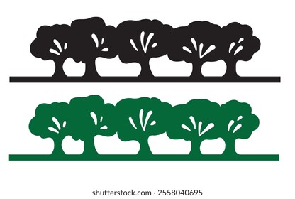 vector trees. green and black tree silhouettes. Tree, sun, cloud icon. Ecology and nature