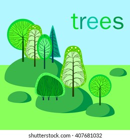 Vector trees. Green, dark green, yellow, light green,  sky blue.