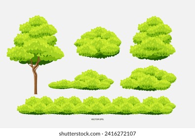 vector trees, green plants, green bushes, flat trees set. Flat forest tree nature plant isolated eco foliage