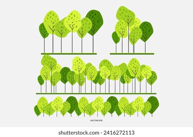 vector trees, green plants, green bushes, flat trees set. Flat forest tree nature plant isolated eco foliage