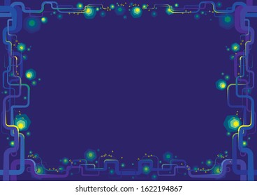 Vector trees from magical forest with curved twigs and branches with glowing light sparkles at night. Artistic design element with border frames.