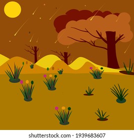 Árboles vectores y luna y estrellas y montañas