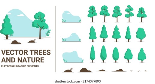 Vector trees and nature graphic elements - Trees and rocks to make simple flat design backgrounds