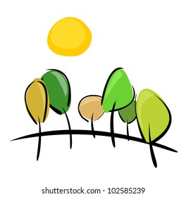 Vector trees on the hill at sunny spring or summer day - illustration. Pretty hand drawn landscape with green grove and yellow sun isolated on white background.