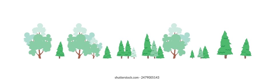 Vector trees on a white background, isolated as a graphic to use in other designs, pastel green, cute style, Christmas trees and pine trees, forest and nature together to preserve.