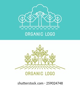 Vector trees and parks logo design elements in linear style - abstract landscapes and nature concepts