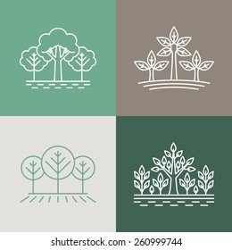 Vector trees and parks logo design elements in linear style - abstract landscapes and nature concepts