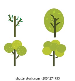árboles vectoriales, hermosos árboles verdes ilustración botánica en plano 
y estilo de dibujos animados, árboles abstractos para niños