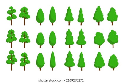 Vector trees set - Collection of flat design green cartoon trees on white background