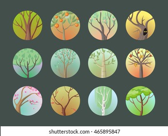 Vector trees set. Collection of trees. Oak, birch, sakura, planetree, maple,citrus, apple, pine. Cartoon style trees. Editable element for your design. Part of series of different trees. Vector