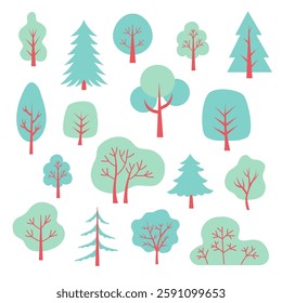 Vector trees set, isolated on a white background. Simple and flat design. Elements for a poster, banner, or card. Forest landscape. Trees icons 