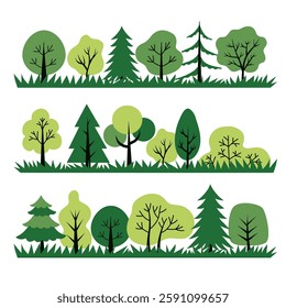 Vector trees set, isolated on a white background. Simple and flat design. Elements for a poster, banner, or card. Forest landscape. Trees icons 