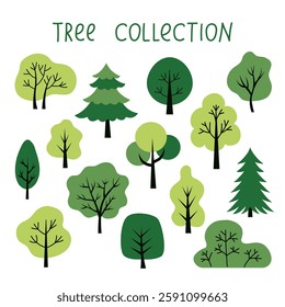 Vector trees set, isolated on a white background. Simple and flat design. Elements for a poster, banner, or card. Forest landscape. Trees icons 