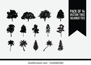 Vector trees in silhouettes. Vector black trees big set on white background. palms palms maple oak and others