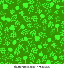 Vector Trees Silhouettes Seamless Pattern on Green. Forest Background