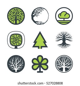 Vector trees with stylized green leaves, branches and roots. Set of nine icons and logo design elements isolated on white background.