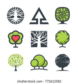 Vector trees with stylized green leaves, branches and roots. Set of nine icons and logo design elements isolated on white background