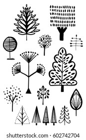 Vector trees with stylized leaves, branches and roots. Set  icons and logo design elements isolated on white background.