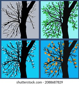 Vector trees for winter, spring, summer, autumn, seasons. The trunk of a tree at different times of the year.