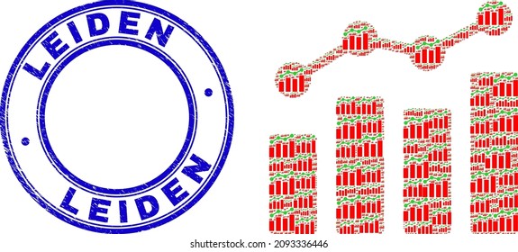 El mosaico de iconos de gráficos de tendencias vectoriales se forma a partir de iconos aleatorizados de gráficos de tendencias recursivas. Leiden corroyó el sello azul redondo. Mosaico recursivo para el icono de gráficos de tendencias.