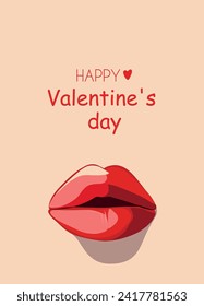Vector trend illustration of beautiful bright juicy lips with shadow on a delicate background with the text Happy Valentine's Day
