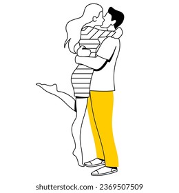 vector trend linear image of a cute couple of lovers kissing and hugging. guy kisses his girlfriend. tender hugs. useful for valentine's day cards, web, graphic design, print, booklets, brochures