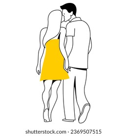 vector trend linear image of a cute couple of lovers kissing and hugging. guy kisses his girlfriend. tender hugs. useful for valentine's day cards, web, graphic design, print, booklets, brochures