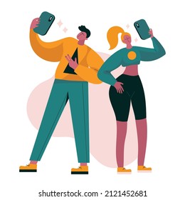 Vector trend style couple of man and girl making selfie with smartphones.