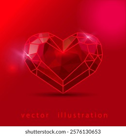Vector trendy 3d crystal shiny bright red gem icon. Happy Valentine’s Day. Fully editable vector. Element for web, app, greeting card, decor, game, design, packaging ,gift wrap, social media. Eps 10