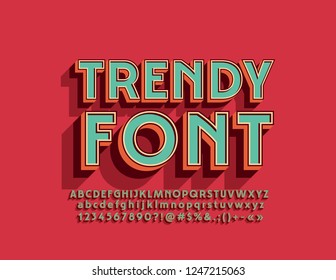 Vector Trendy 3D Font. Set of Retro bright Letters, Numbers and Symbols.