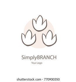Vector trendy abstract 3 flowers bud   branch icon in pastel pink circle for flower store, beauty salon, wedding, spa or yoga studio, organic cosmetics logo, badges, emblems template. Hand drawn