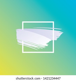Vector trendy abstract brush banner. White stroke shape and square frame isolated on yellow to cian blue gradient background. Design element for modern style presentation, web, banner, poster, logo.