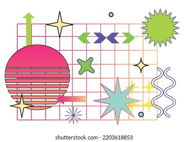 Ilustración de patrón de retroonda fresco abstracto de moda vectorial con formas geométricas memphis. Retro 90 Pop Art Antecedentes de estilo contemporáneo moderno para el diseño de paquetes, la impresión textil o de tela
