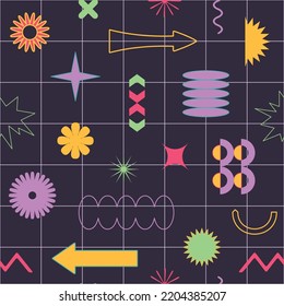 Vector trendy abstract cool retrowave seamless pattern with memphis geometric shapes. Retro 90s Pop Art Background in modern contemporary style for package design, textile or fabric print 