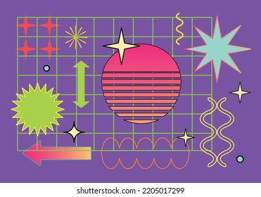 Vector trendy abstract cool retrowave pattern illustration with memphis geometric shapes. Retro 90s Pop Art Background in modern contemporary style for package design, textile or fabric print