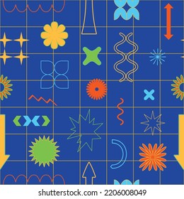 Vector trendy abstract cool retrowave seamless pattern with memphis geometric shapes. Retro 90s Pop Art Background in modern contemporary style for package design, textile or fabric print 
