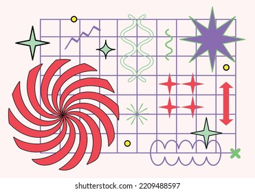 Vector trendy abstract cool retrowave pattern illustration with memphis geometric shapes. Retro 90s Pop Art Background in modern contemporary style for package design, textile or fabric print
