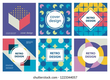 Vector trendy abstract geometry covers collection. Modern colorful retro geometric banners set. Minimal creative templates design. Poster background composition.