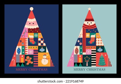 Vector trendy abstract illustration of a Christmas tree with different details inside. Santa Claus, snowman, gingerbread. Illustration for postcard, poster or pattern.