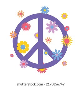 Abstrakter Vektor Retro 60er, Hippie-Illustration der 70er Jahre mit Blumen und Friedenszeichen. Vintage-Vorlagen-Design für Modekunst-Ausdrucke, Poster oder Karten