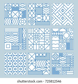 Vector trendy abstract seamless patterns in modern minimal style with geometric shapes and stripes - design templates for packaging, banners, prints, stationery and posters in white and blue colors