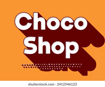 Vector trendy advertisement Choco Shop. Bright 3D Font with Big Brown Shadow. Modern Alphabet Letters and Numbers.