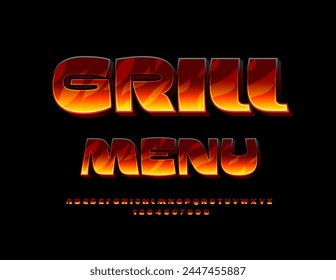 Vector trendy advertisement Grill Menu. Flaming 3D Font. Exclusive Alphabet Letters and Numbers set with Fire pattern.