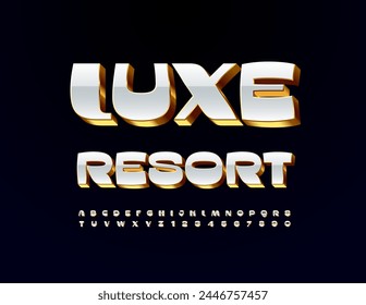 Vector trendy advertisement Luxe Resort. Chic White and Gold 3D Font. Modern Exclusive Alphabet Letters and Numbers set.