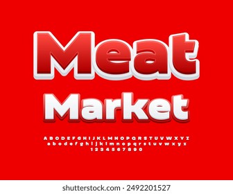 Vector trendy advertisement Meat Market. White and Red Bright Font. Artistic Alphabet Letters and Numbers set.